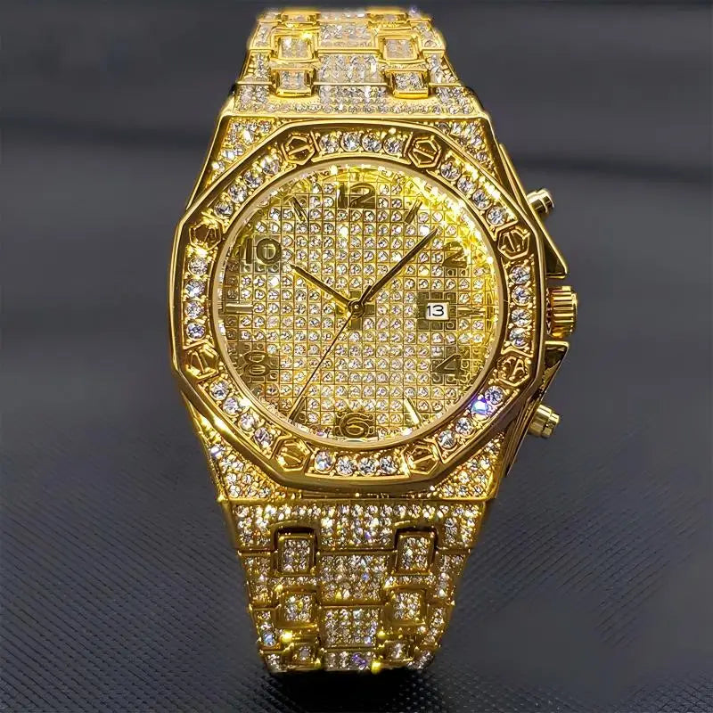 Gold Watches For Men Full Iced Diamond Men's Quartz Watch Luxury Fashion Calendar Wristwatch Dropshipping