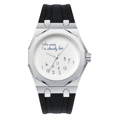 Reloj de lujo para hombre con caja octogonal y correa de silicona, resistente al agua, con una esfera en la que figura el eslogan humorístico «Who Cares I'm Already Late» (Y qué, ya llego tarde).