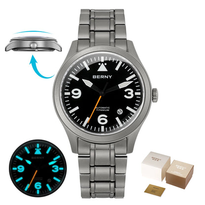 BERNY Full Titanium Automatic Watch for Men Sapphire AR Coated 10Bar Supper Luminous Men Wristwatch Sports Aviation Men Watches