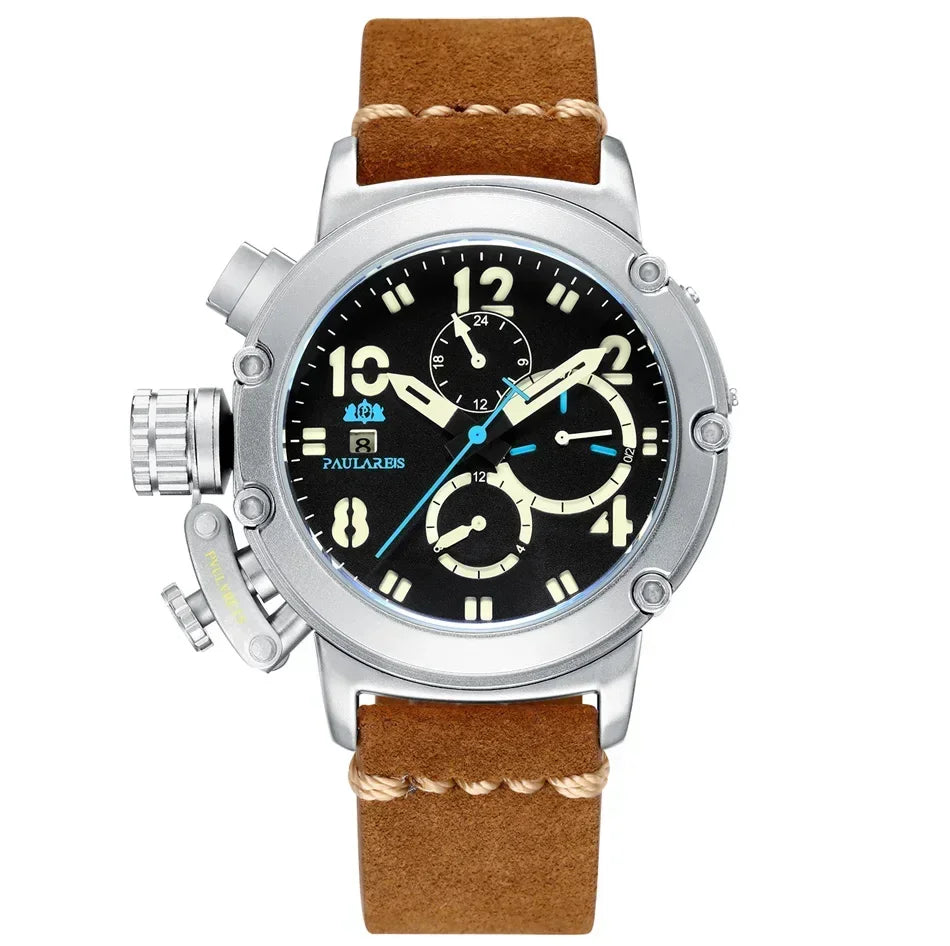 Automatic Watches for Men Mechanical Self Wind Genuine Leather Multifunction Date Boat Month Gold Bronze U Reloj Hombre Baratos