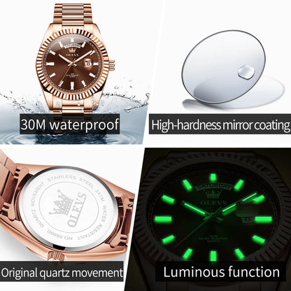 OLEVS Men's Watch Top Brand Luxury Wrist Watch For Men Fashion Rose Gold Stainless Steel Waterproof Watch Day Date Quartz Clock