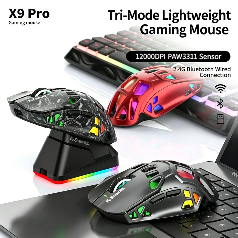 Лека геймърска мишка Lenovo Tri-Mode с RGB зарядна докинг станция 12000DPI 2.4G/Bluetooth/кабелна ергономична мишка за PC и лаптоп
