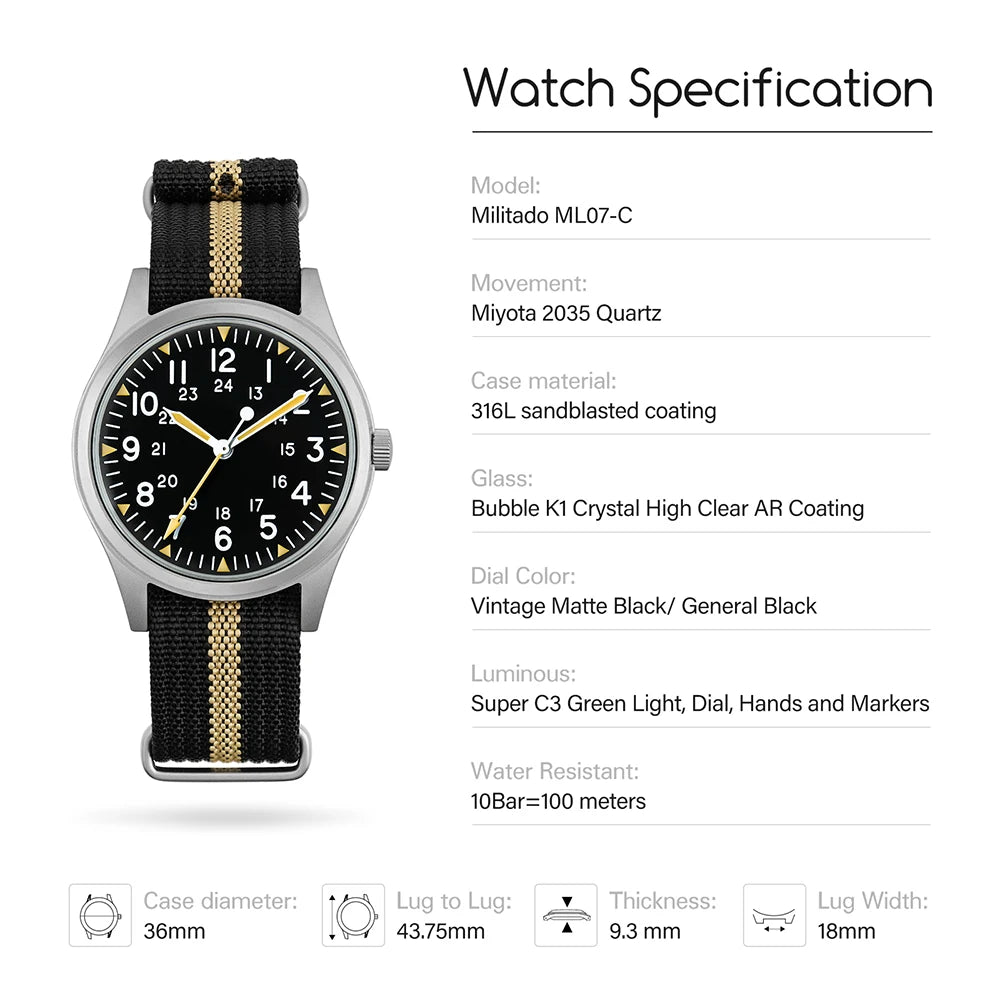 Militado ML07 Quartz Watches VH31/Miyota 2035 Movement Domed Sapphire Crystal Military Watch 100m Waterproof Luminous Mens Watch
