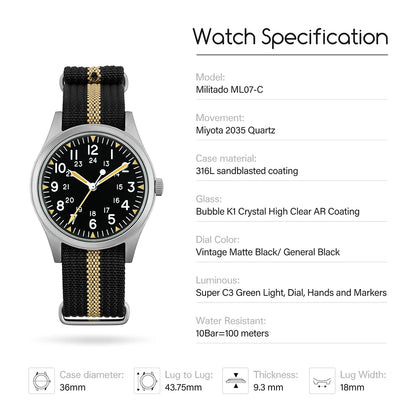 Militado ML07 Quartz Watches VH31/Miyota 2035 Movement Domed Sapphire Crystal Military Watch 100m Waterproof Luminous Mens Watch