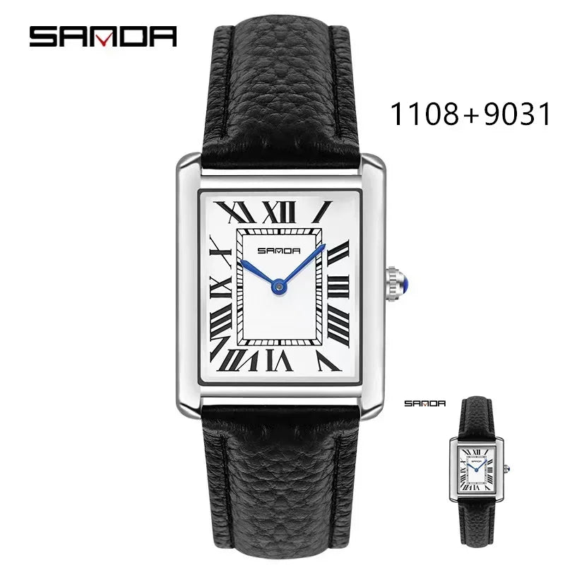 SANDA 9031/1108 Sport Casual Women Men Quartz Watches Reloj Luxury Couple Watch Resistant Leather Strap Square Dial Waterproof
