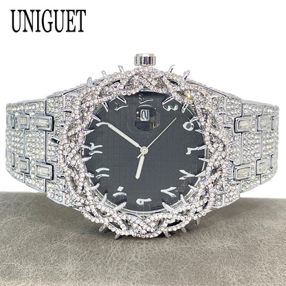 UNIGUET Luxury Full Diamond Watch For Men Fashion Hip Hop Ice Qut Bling Jewelry Quartz Wristwatch For Man Dropshipping