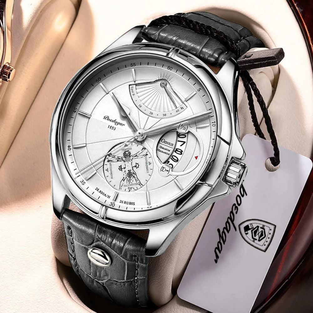 Relógio de pulso de quartzo POEDAGAR para homem – Estilo empresarial, de luxo, estanque, luminoso, com indicação da data e bracelete em pele – Relógio elegante para homem