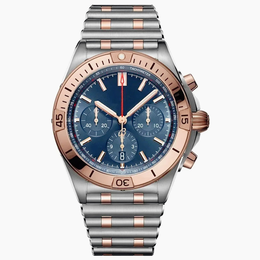 44mm Contemporary Luxury Male Quartz Watch High Accuracy Movement Date Window Chronograph Solid Stainless Steel Bracelet Casual