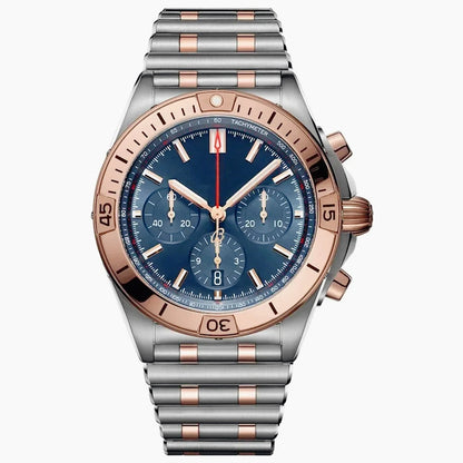 44mm Contemporary Luxury Male Quartz Watch High Accuracy Movement Date Window Chronograph Solid Stainless Steel Bracelet Casual