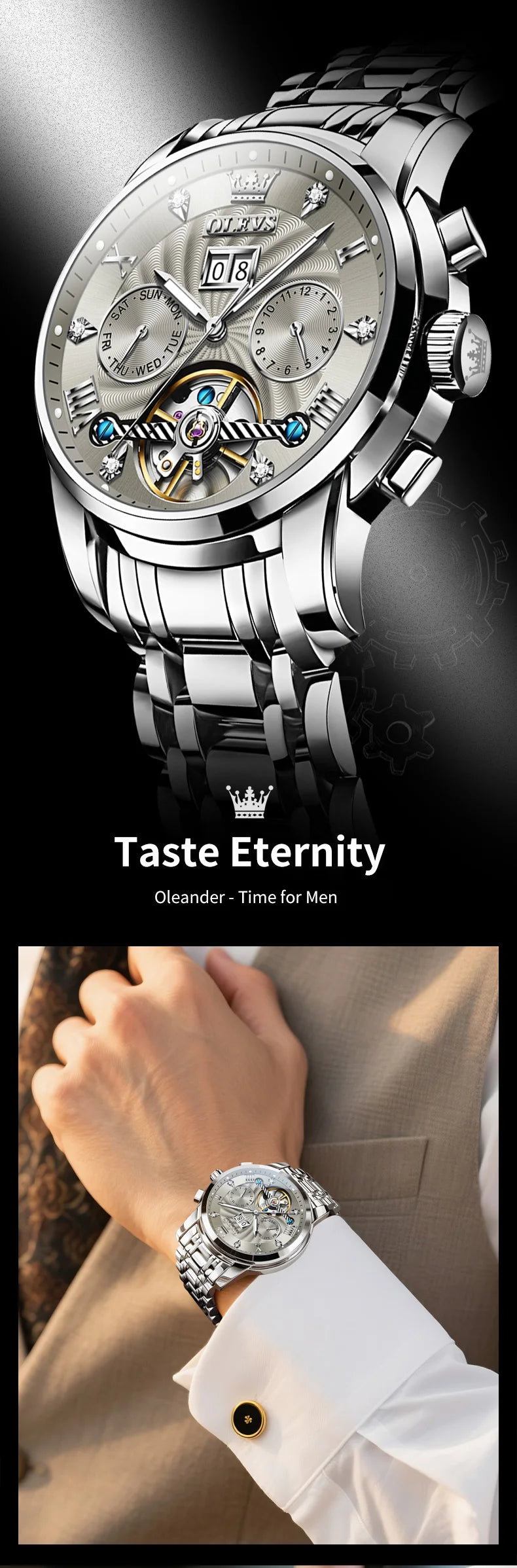 OLEVS Men's Watches 9910 Luxury Fashion Original Automatic Mechanical Watch for Man Waterproof Luminous Hollowed Out Movement