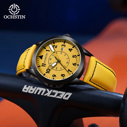 OCHSTIN Mens Fashion Luxury Mechanical Automatic Skeleton Watch Transparent Back Cover Creative Design With Yellow Calendar Dial