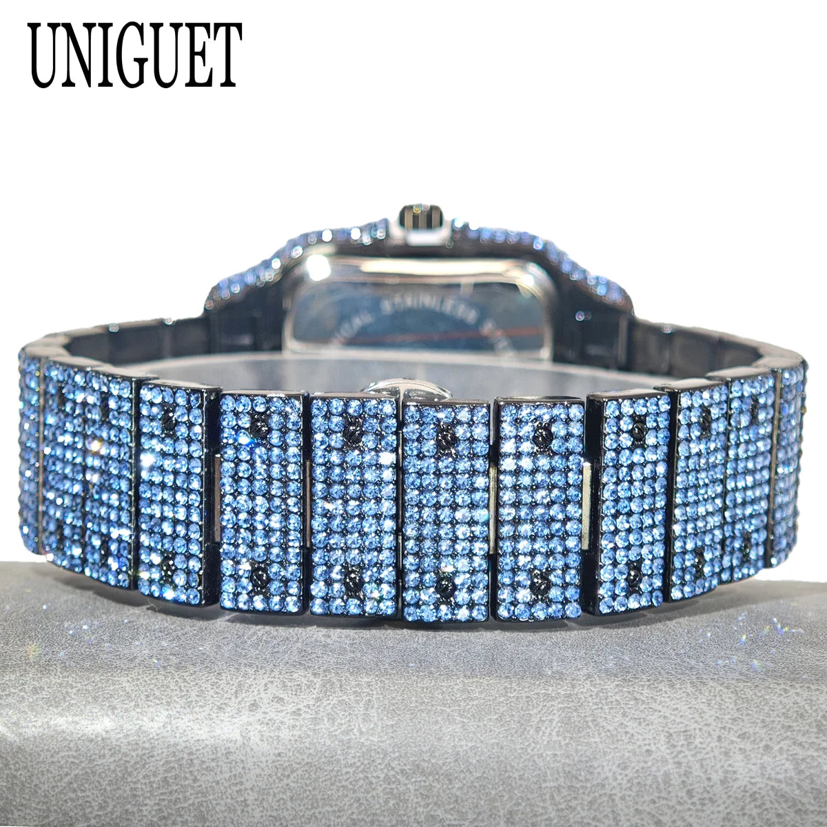 Green Diamond Watch For Men Brand UNIGUET Fashion Roman Literal Quartz Clock Man Hip Hop Iced Jewelry Square Wristwatch 2025 New