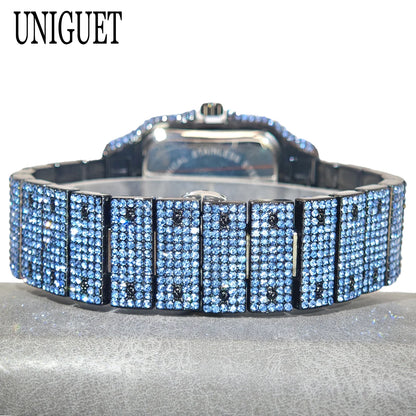 Green Diamond Watch For Men Brand UNIGUET Fashion Roman Literal Quartz Clock Man Hip Hop Iced Jewelry Square Wristwatch 2025 New