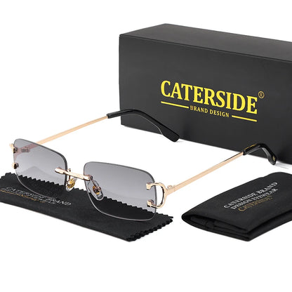 CATERSIDE Ochelari de soare dreptunghiulari albaștri pentru bărbați, ochelari de soare pătrați fără ramă din metal, la modă, pentru femei, cu lentile degradate, ochelari de exterior, UV400