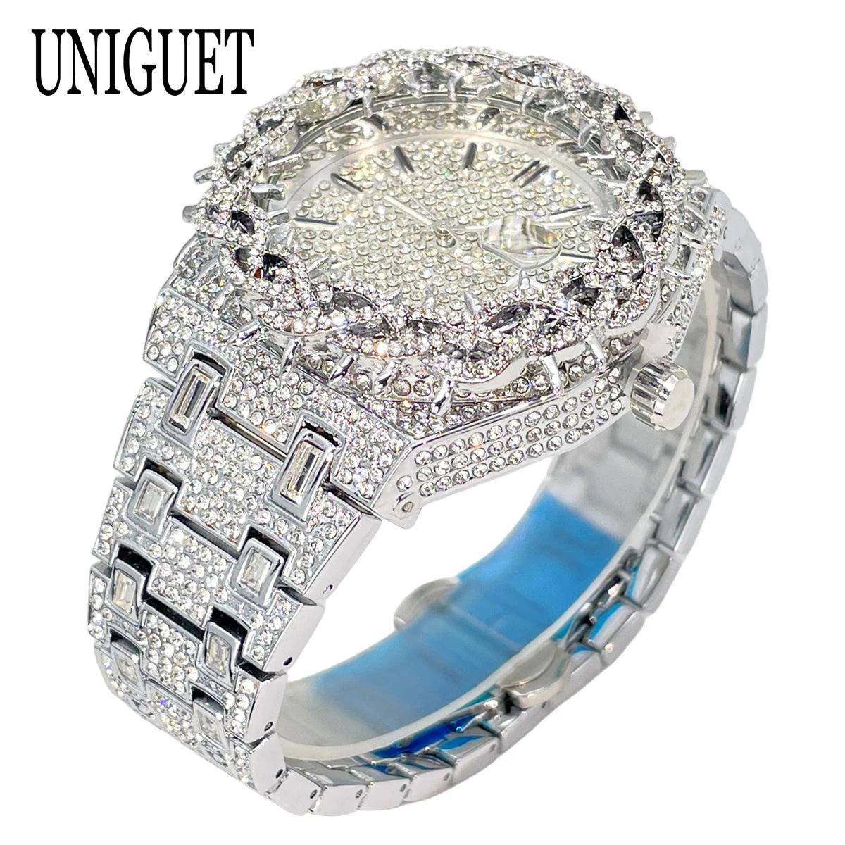 UNIGUET Luxury Full Diamond Watch For Men Fashion Hip Hop Ice Qut Bling Jewelry Quartz Wristwatch For Man Dropshipping