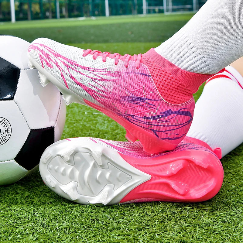 Nouvelles chaussures de football pour hommes, très vendues, chaussures de football à tige haute, crampons de futsal pour terrain en herbe, baskets d'intérieur de haute qualité, antidérapantes pour l'extérieur.