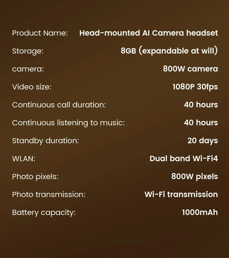 Casque audio supra-auriculaire intelligent avec caméra HD 8MP, reconnaissance d'objets par IA, traduction par IA, casque Bluetooth pour les voyages et les études