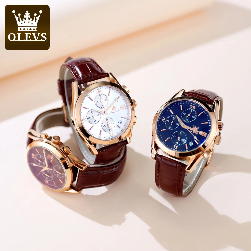 Relógio de pulso cronógrafo para homem OLEVS 2872 – Pulseira em pele, resistente à água, ponteiros luminescentes, movimento de quartzo, estilo desportivo de luxo