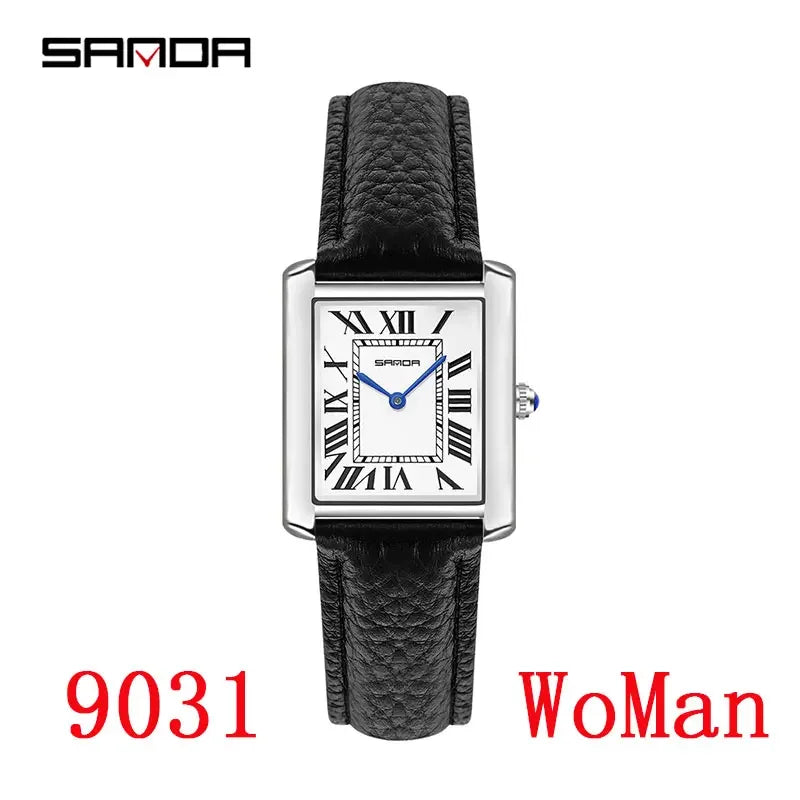 SANDA New Couple Tank Watches Wear Resistant Leather Strap Luxury Square Dial Waterproof Sports Casual Men Women Quartz Watches