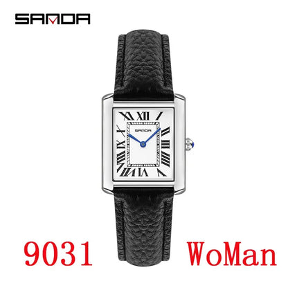 SANDA New Couple Tank Watches Wear Resistant Leather Strap Luxury Square Dial Waterproof Sports Casual Men Women Quartz Watches