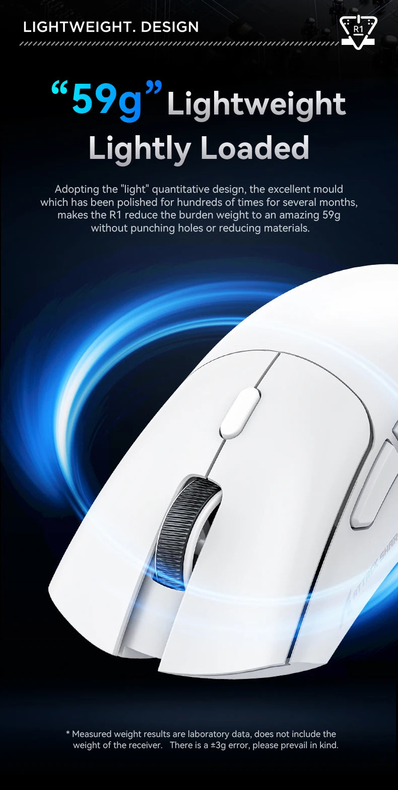 Attack Shark R1 bezdrátová Bluetooth herní myš, virální myš recenzovaná influencery, senzor PAW3311, frekvence odezvy 1000Hz