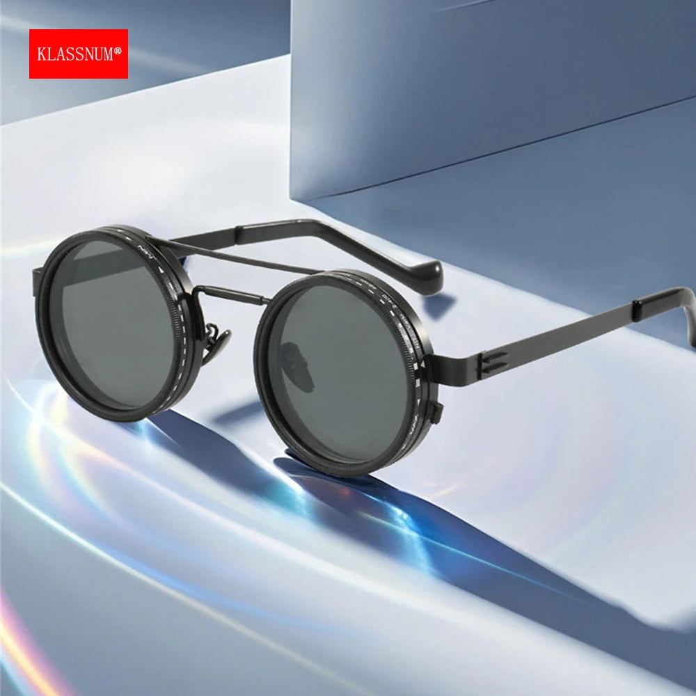 KLASSNUM Ochelari de soare reglabili pentru bărbați cu filtru ND Ochelari de soare cu reglare rapidă a luminozității ND9 Ochelari rotunzi polarizați pentru pescuit și condus