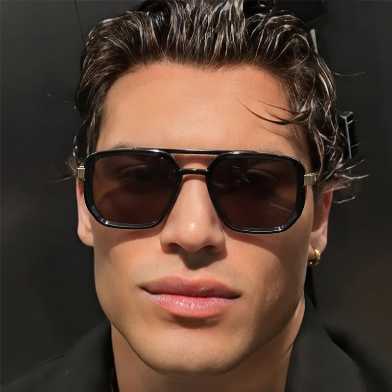 Ochelari de soare pătrați polarizați pentru bărbați, de lux, în stil vintage, cu punte dublă, lentile cu gradient, ochelari de soare pentru șofat, ochelari de soare retro cu partea superioară plată, pentru bărbați
