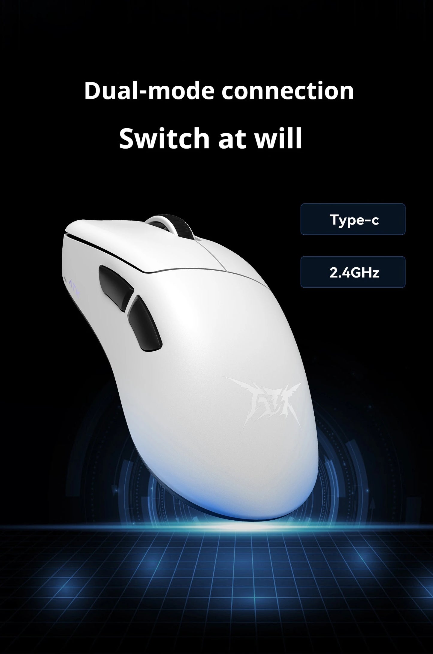 Rato Gaming Sem Fios ATK Z1 Pro Max Ultra com Pé Personalizado, PAW3950 Ultra Smart Speed Wireless, Taxa de Polling 8k e Baixa Latência de 0.39ms