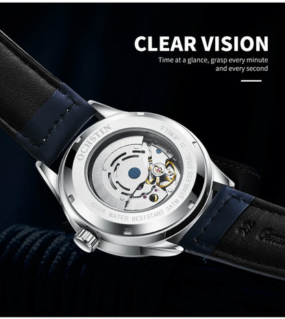 OCHSTIN Mens Fashion Luxury Mechanical Automatic Skeleton Watch Transparent Back Cover Creative Design With Yellow Calendar Dial