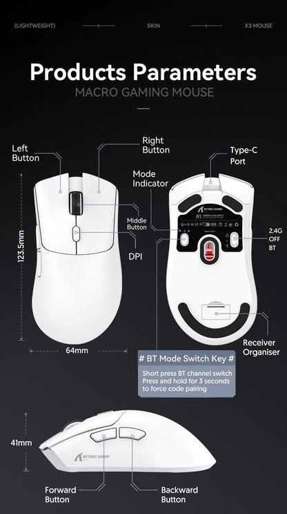 Attack Shark R1 bezdrátová Bluetooth herní myš, virální myš recenzovaná influencery, senzor PAW3311, frekvence odezvy 1000Hz