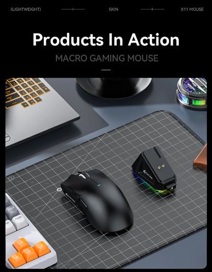 Mouse wireless Attack Shark X11&R1 Tri Mode Bluetooth con base di ricarica RGB, ergonomico e leggero, accessorio per PC gamer