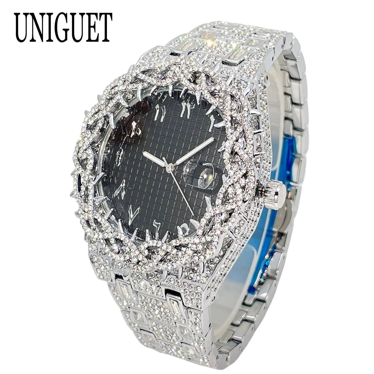 UNIGUET Luxury Full Diamond Watch For Men Fashion Hip Hop Ice Qut Bling Jewelry Quartz Wristwatch For Man Dropshipping