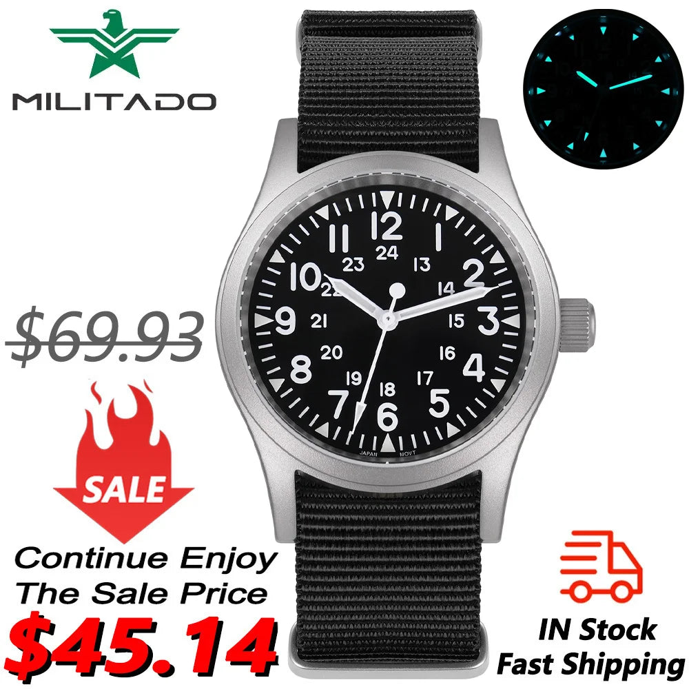 Militado ML05 Military Watch VH31 Sweep Movement Domed Sapphire Crystal Wristwatch High Clear AR Coating 38mm Vintage Watches
