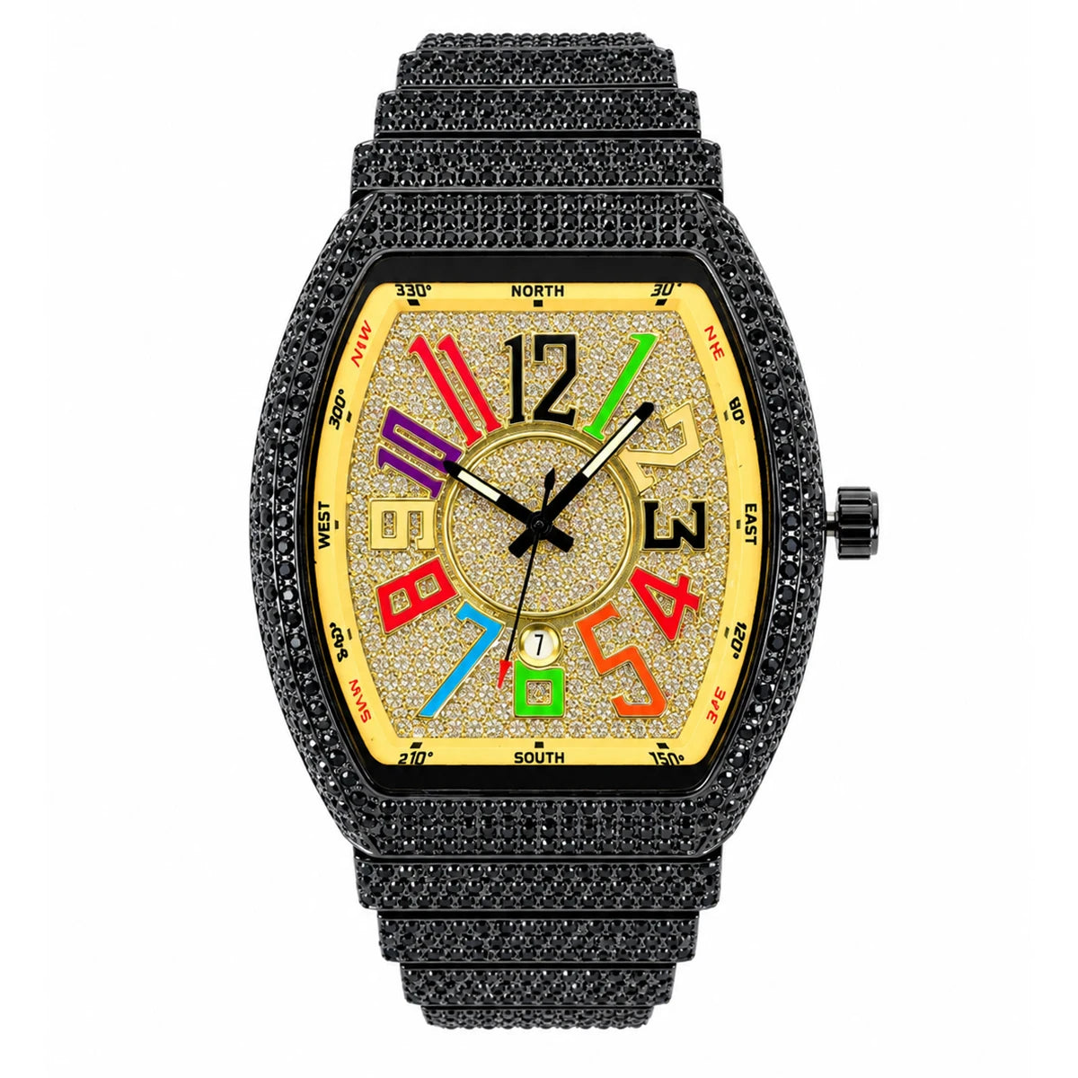 Men's Luxury Barrel-Shaped Quartz Watch With Black Iced Diamond Rainbow Number Dial Luminous Hands Watches For Man Dropshipping