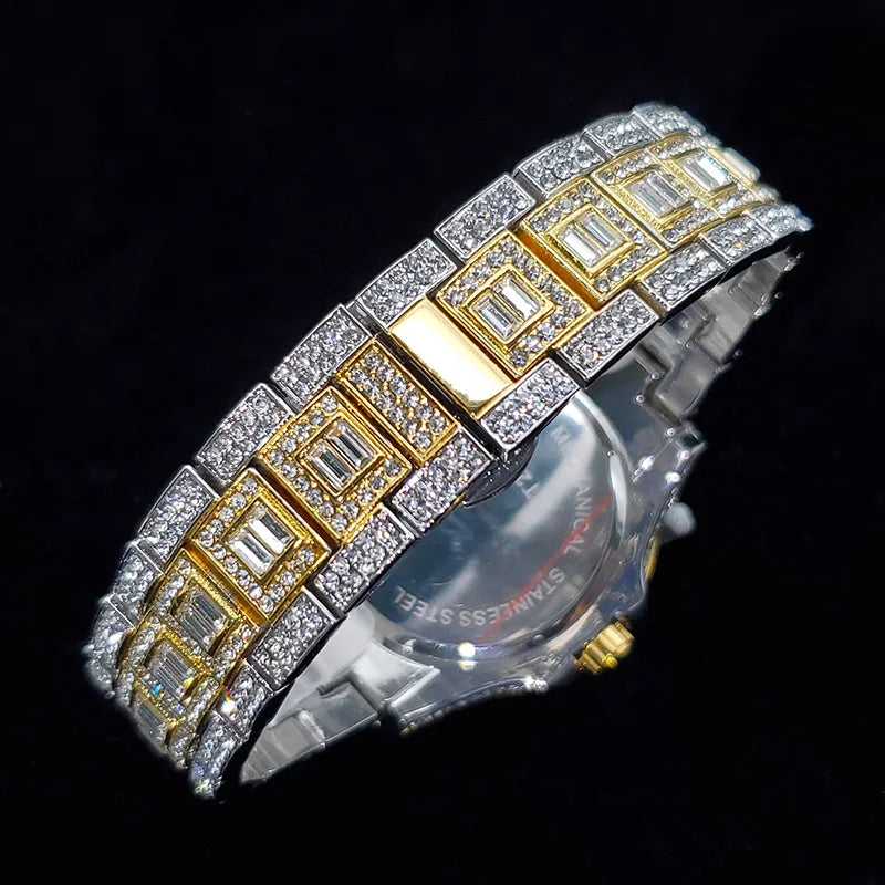Luxury Diamond Watch for Men Fashion Bling Iced Out Day Date Watches Hip Hop Golden Stainless Steel Quartz Man Clock Hot Sale