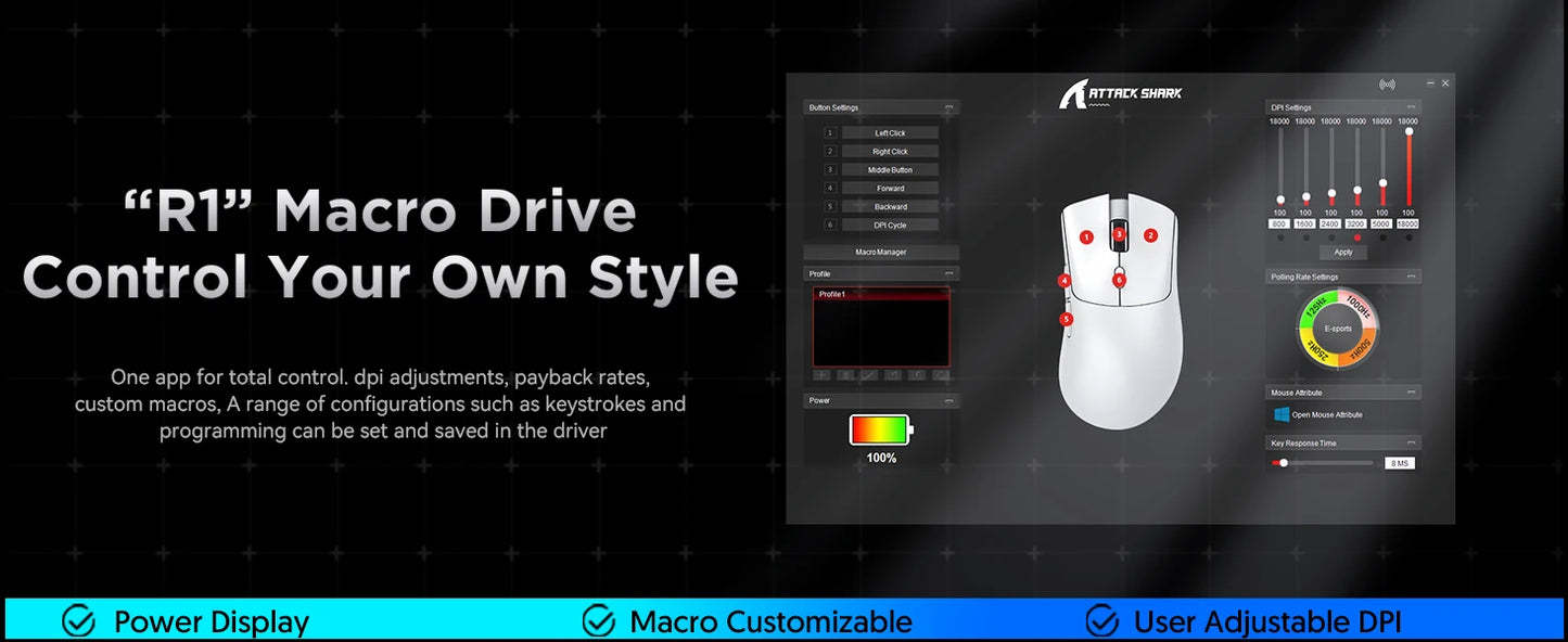 ATTACK SHARK R1 Tri-mode Gaming Mouse, PixArt PAW3311 Sensor, 18000 DPI, 1000Hz, 59g Ultralight for Big Hand, for PC/Mac