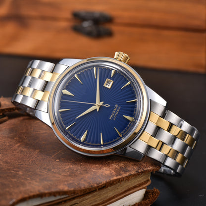 Luxury Retro Men's Self-Winding Automatic Mechanical Watch Radial Sunburst Textured Dial Single Calendar Date Window Polished Stainless Steel Link Bracelet Waterproof Business Dress Male Watch Silver Gold Two Tone Options