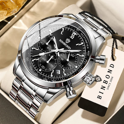 Relógio de quartzo BINBOND para homem, elegante, robusto e preciso, com data automática, cronógrafo, luz noturna e à prova de água. Estilo descontraído.