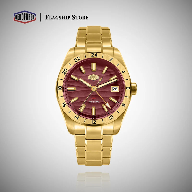 HEROFORCE Quality Original GMT Men Clock Waterproof Luminous Date Luxury Man Watch Stainless Steel Quartz Men's Watches Male
