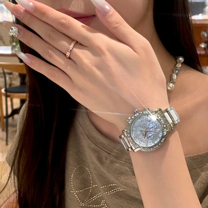 CILOA Women's Chronograph Watch Diamond Bezel White Ceramic & Stainless Steel Band Luxury Fashion Quartz Wristwatch