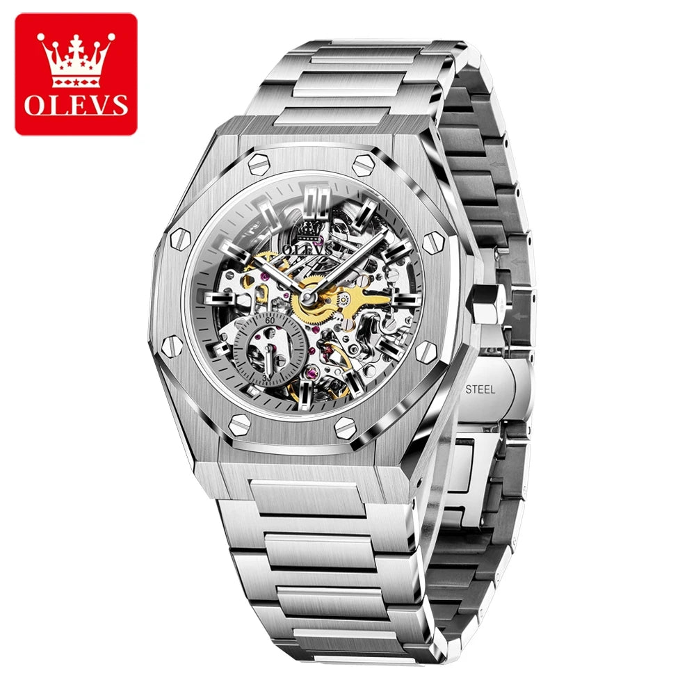 OLEVS Watches Luxury Man High Quality Original Fully Skeleton Automatic Mechanical Watch Stainless Steel Men Watches Gifts Box