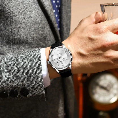 Trendige Herrenuhr von POEDAGAR, Lederarmband, Datums- und Wochentagsanzeige, luxuriöse Quarzuhr, wasserdicht, leuchtend, lässiger Business-Stil.