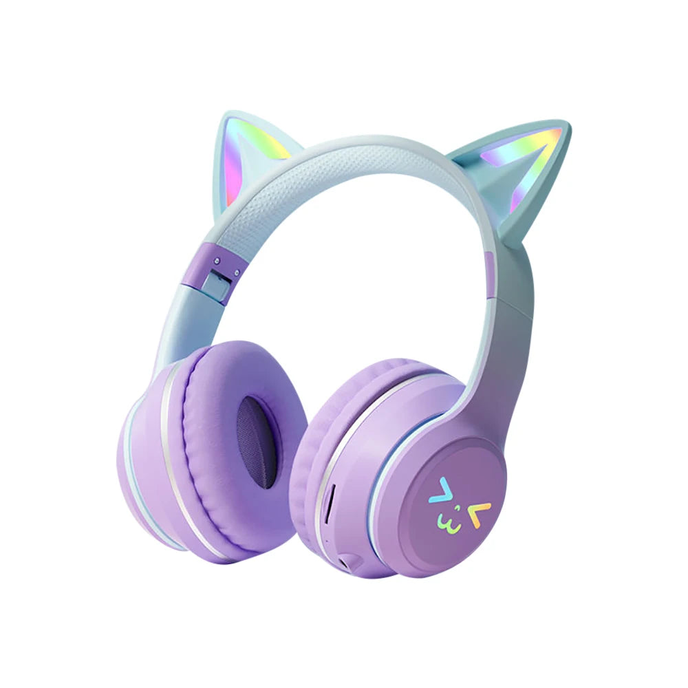 RGB Cat Ear Wireless Bluetooth Headphones for Kids & Girls – LED Light Stereo Gaming Headset with Microphone