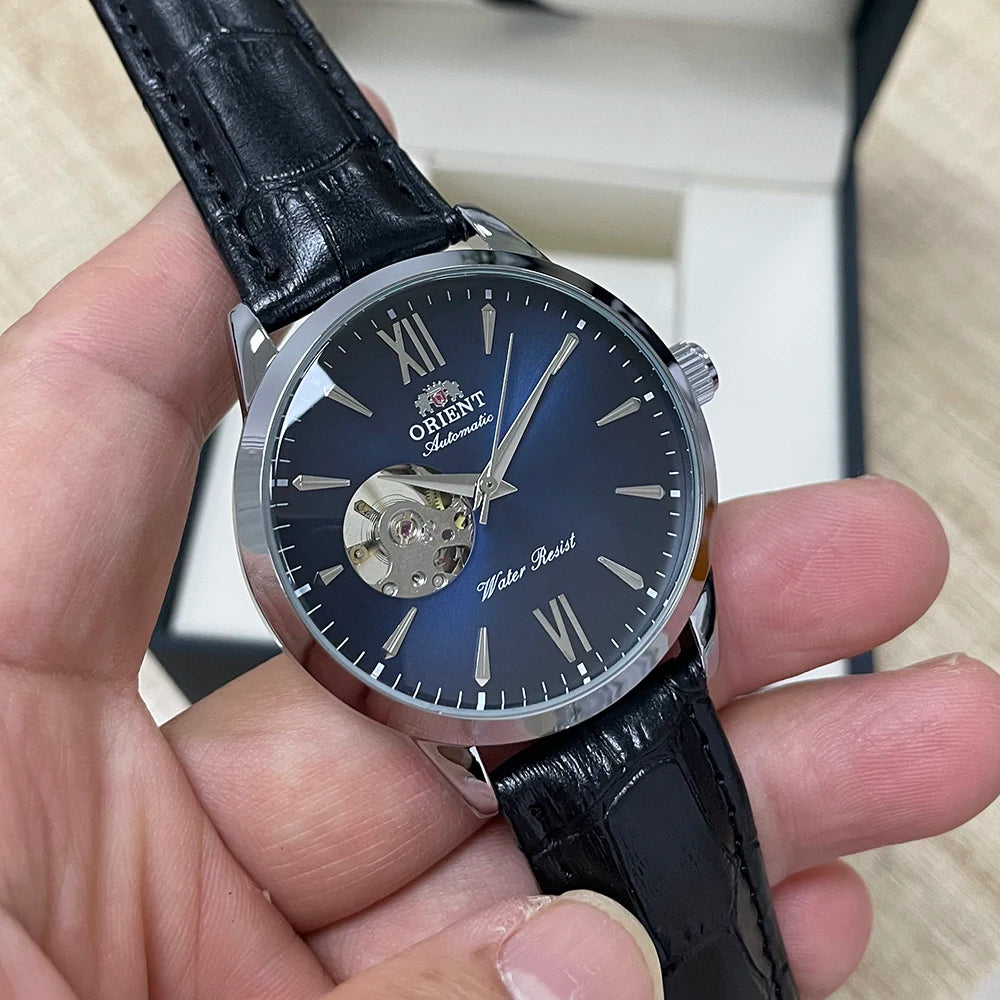 Orient Men's Automatic Open Heart Watch Blue Dial Stainless Steel Band Casual Dress Wristwatch 30M Water Resistant Fashion Watch