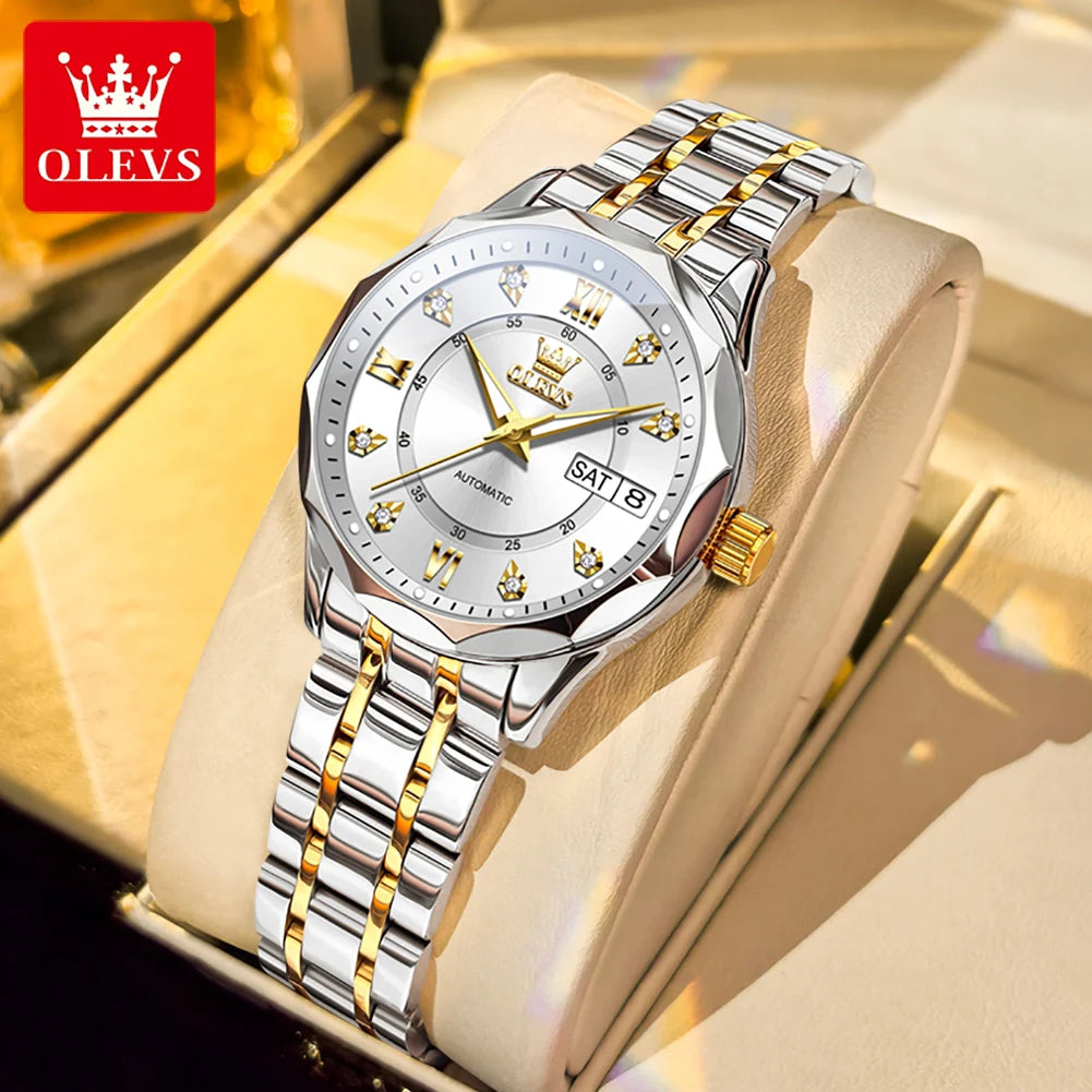 OLEVS 6727 Ladies Watch Automatic Mechanical Watch Stainless Steel Waterproof Calendar Week Watches For Women Luxury Elegant New