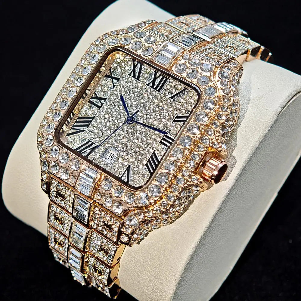 UNIGUET Fashion Diamond Watch for Men Luxury Waterproof Square Quartz Clocks Hip Hop Ice Out Jewelry Wristwatch Male Hot Sell