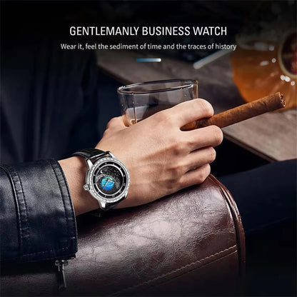 FORSINING Luxury Mens Automatic Mechanical Watch,Earth Star Moon Starry Milky Way Rhinestone Dial Leather Strap,3ATM Waterproof