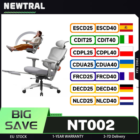 NEWTRAL NT002 Ergonomic Chair, Adaptive Lower Back Support, Adjustable Armrest Headrest Footrest, Gray, Cushioned 4D Armrest