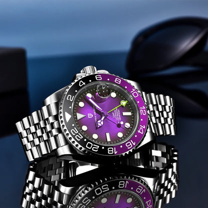 Montre mécanique pour homme PAGANI DESIGN (40 mm) – Cadran violet, fonction GMT, bracelet type Jubilee, verre saphir, étanche, mouvement automatique