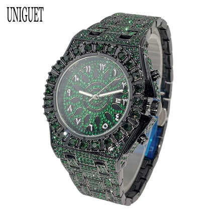 UNIGUET Hip Hop Wristwatch For Men Luxury lce Out Full Diamond Watches Fashion Green Watch Waterproof Clock Man 2026 Hot Sale